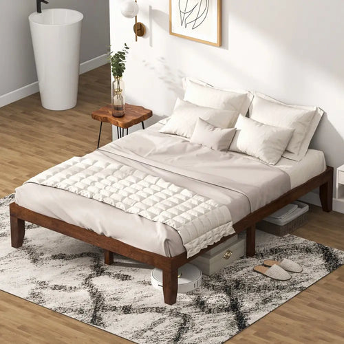 14 Inch Queen Size Rubber Wood Platform Bed Frame with Wood Slat Support-Walnut - Walnut - Simple Bed Frame
