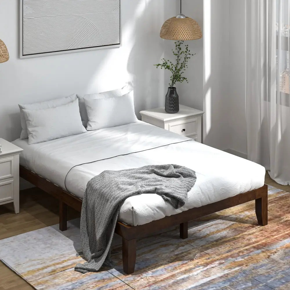 14 Inch Queen Size Rubber Wood Platform Bed Frame with Wood Slat Support-Walnut - Walnut - Simple Bed Frame