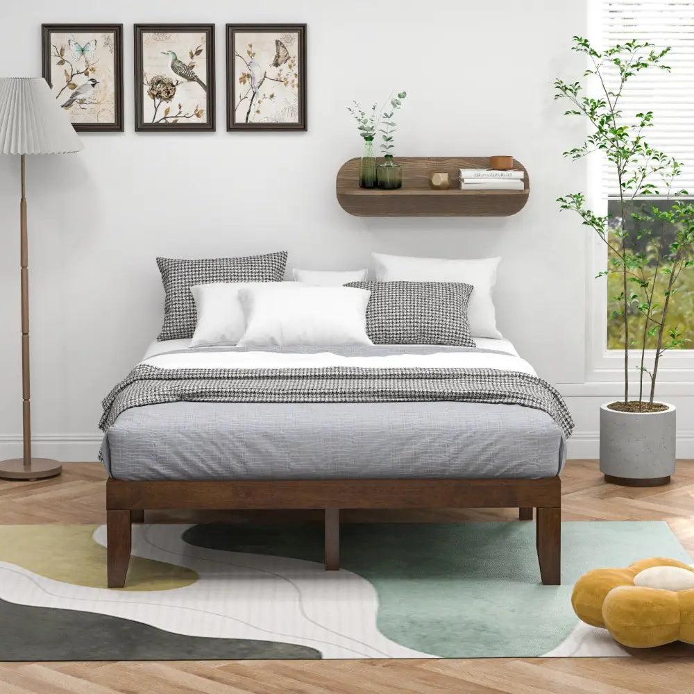 14 Inch Queen Size Rubber Wood Platform Bed Frame with Wood Slat Support-Walnut - Walnut - Simple Bed Frame