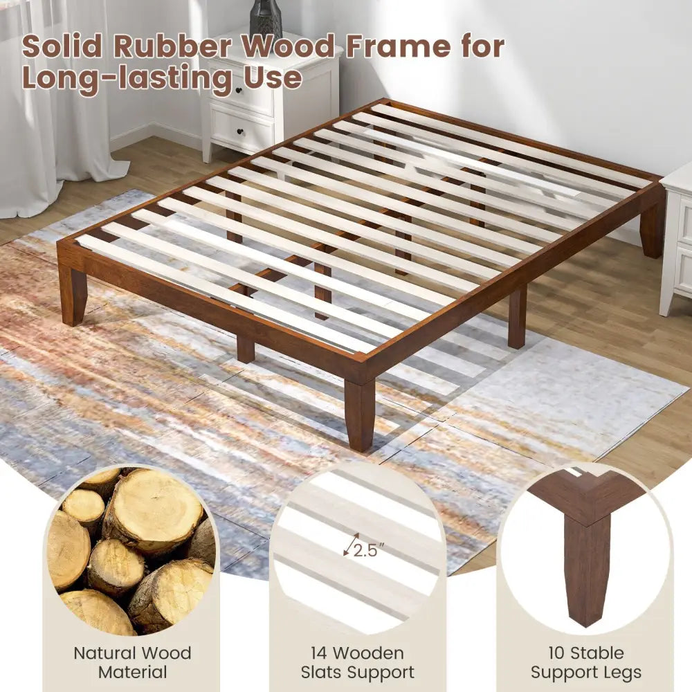 14 Inch Queen Size Rubber Wood Platform Bed Frame with Wood Slat Support-Walnut - Walnut - Simple Bed Frame