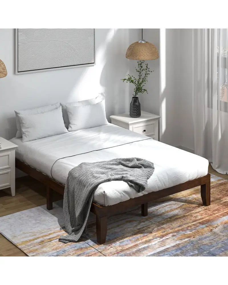 14 Inch Queen Size Rubber Wood Platform Bed Frame with Wood Slat Support-Walnut - Walnut - Simple Bed Frame