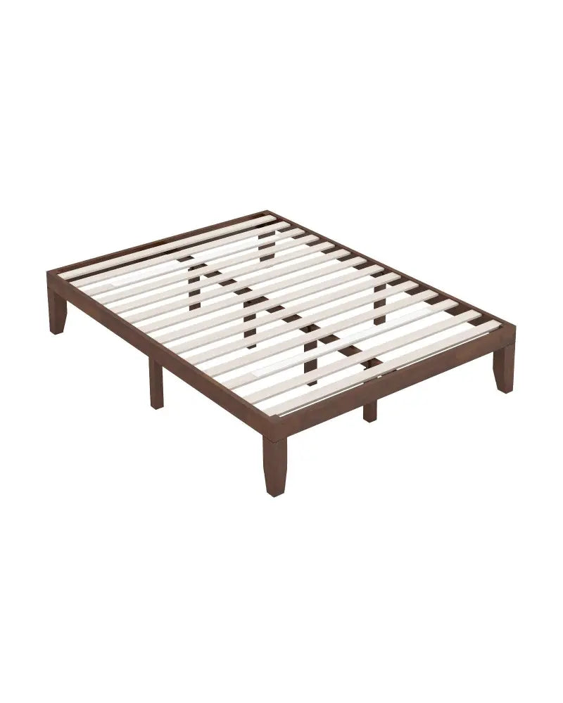 14 Inch Queen Size Rubber Wood Platform Bed Frame with Wood Slat Support-Walnut - Walnut - Simple Bed Frame