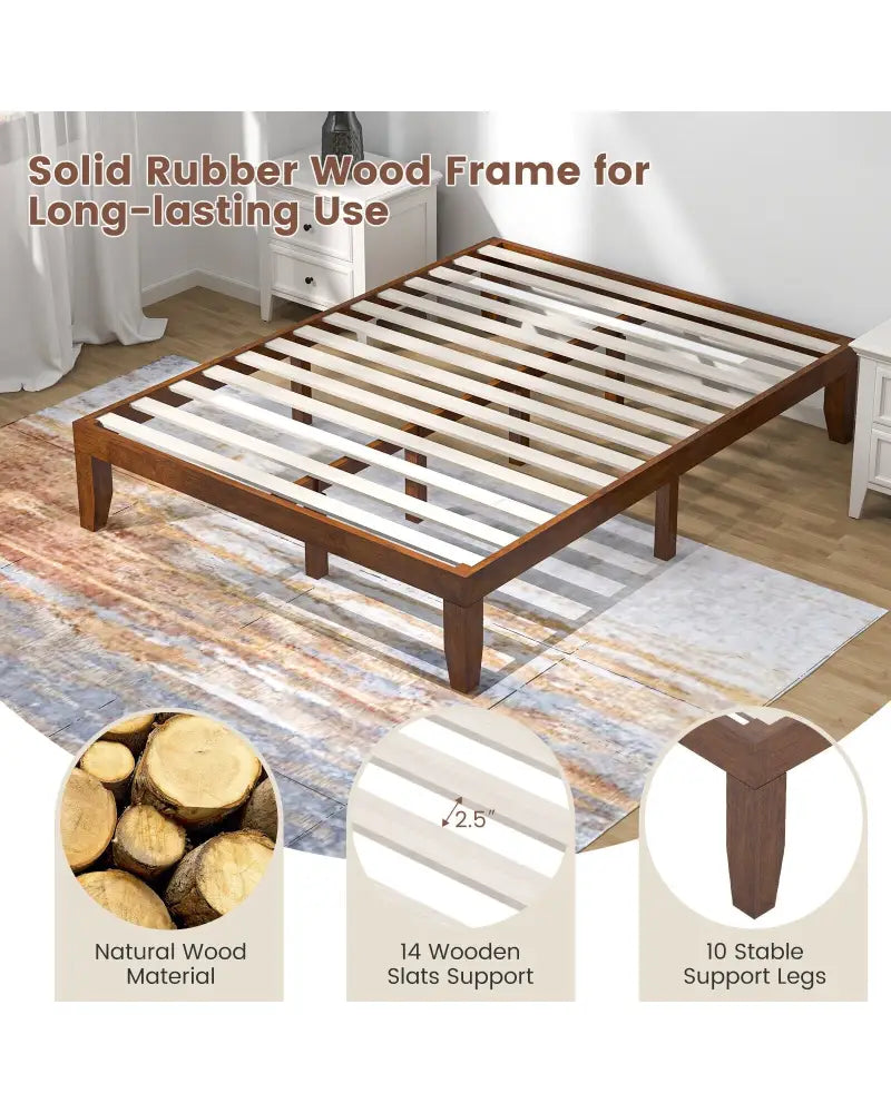 14 Inch Queen Size Rubber Wood Platform Bed Frame with Wood Slat Support-Walnut - Walnut - Simple Bed Frame