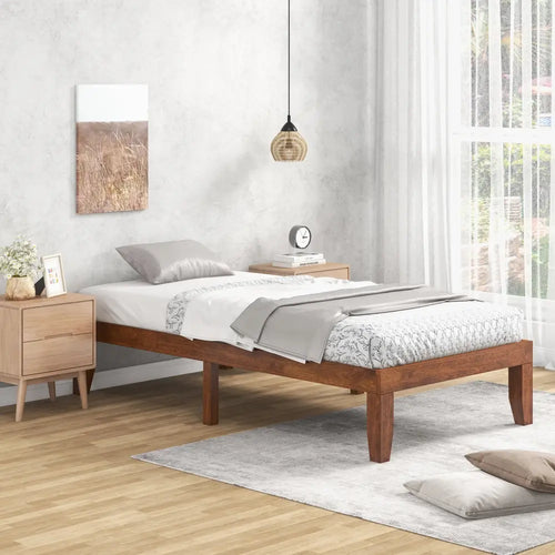 14 Inch Twin Size Rubber Wood Platform Bed Frame with Wood Slat Support-Walnut - Walnut - Simple Bed Frame
