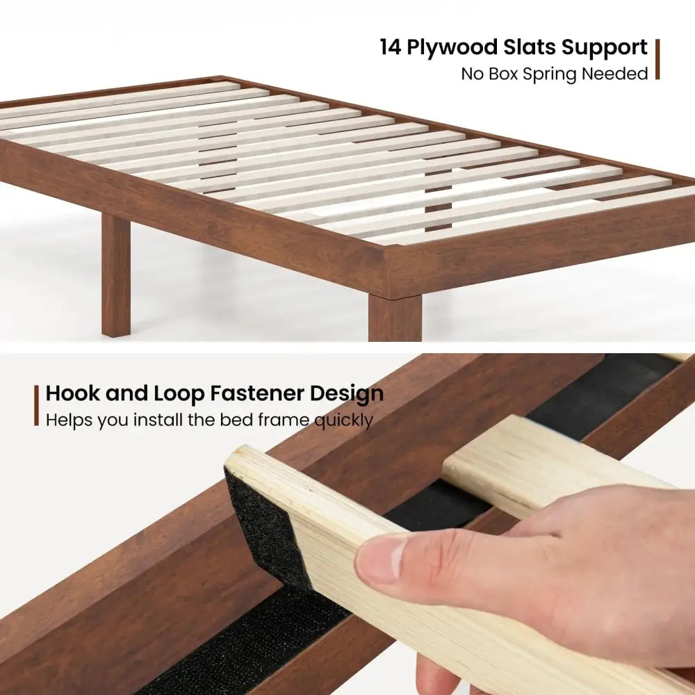 14 Inch Twin Size Rubber Wood Platform Bed Frame with Wood Slat Support-Walnut Costway
