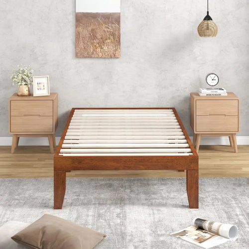 14 Inch Twin Size Rubber Wood Platform Bed Frame with Wood Slat Support-Walnut - Walnut - Simple Bed Frame