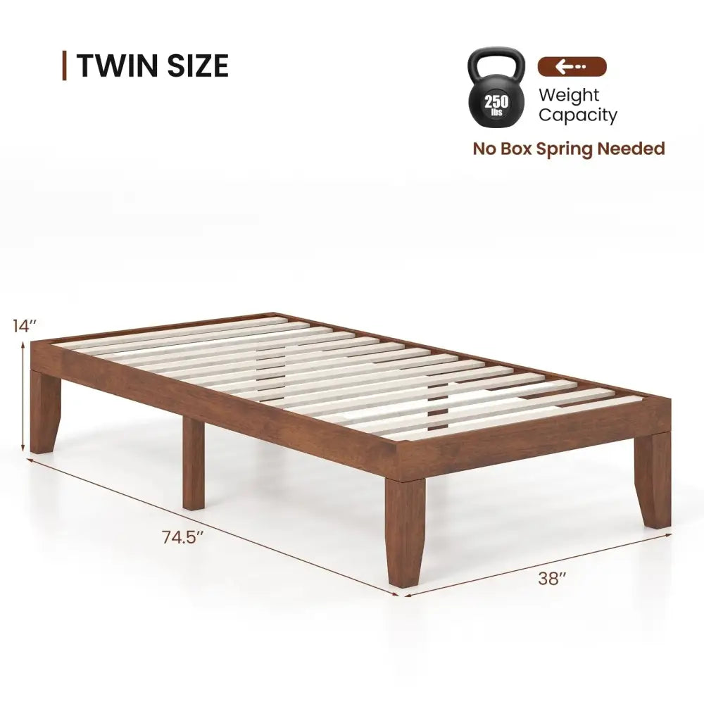 14 Inch Twin Size Rubber Wood Platform Bed Frame with Wood Slat Support-Walnut Costway