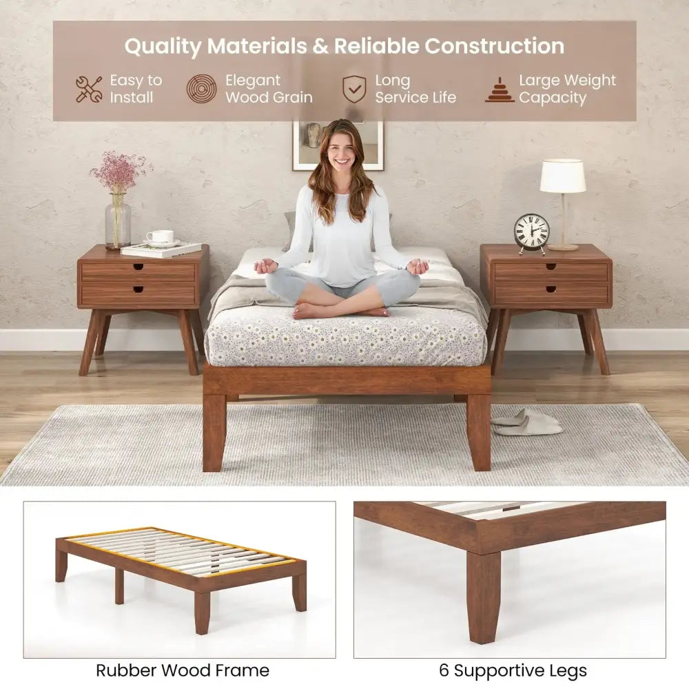 14 Inch Twin Size Rubber Wood Platform Bed Frame with Wood Slat Support-Walnut Costway