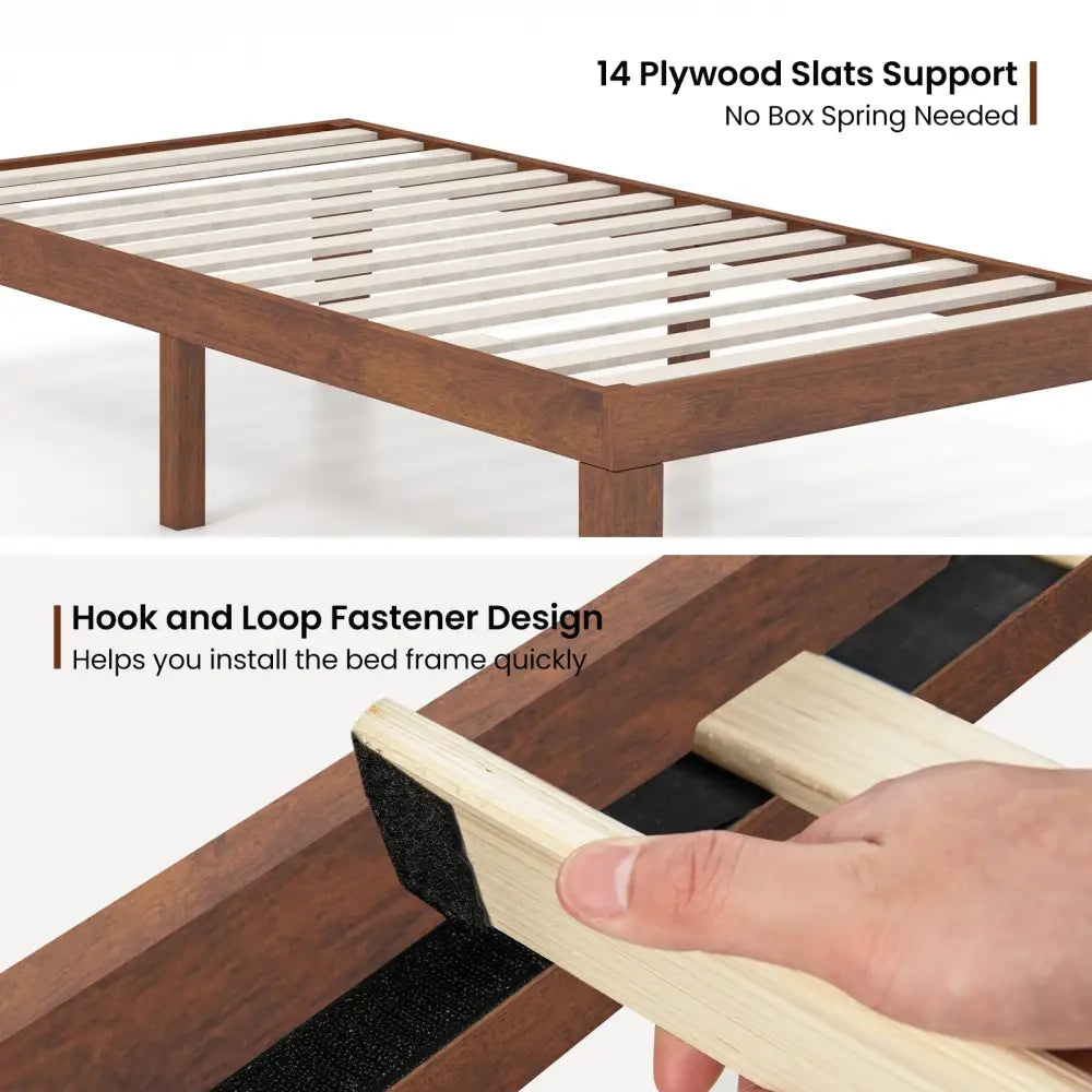 14 Inch Twin Size Rubber Wood Platform Bed Frame with Wood Slat Support-Walnut - Walnut - Simple Bed Frame