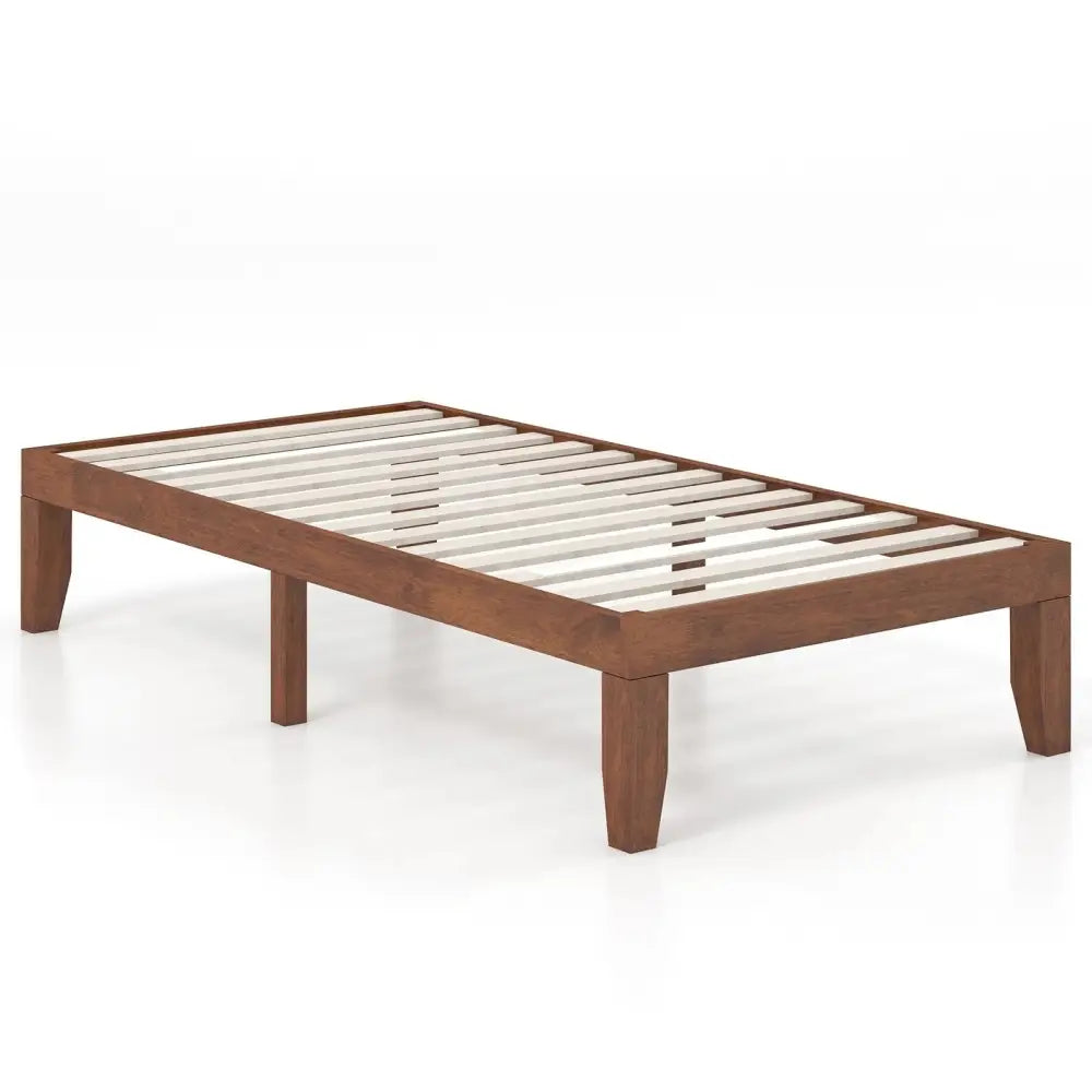 14 Inch Twin Size Rubber Wood Platform Bed Frame with Wood Slat Support-Walnut Costway