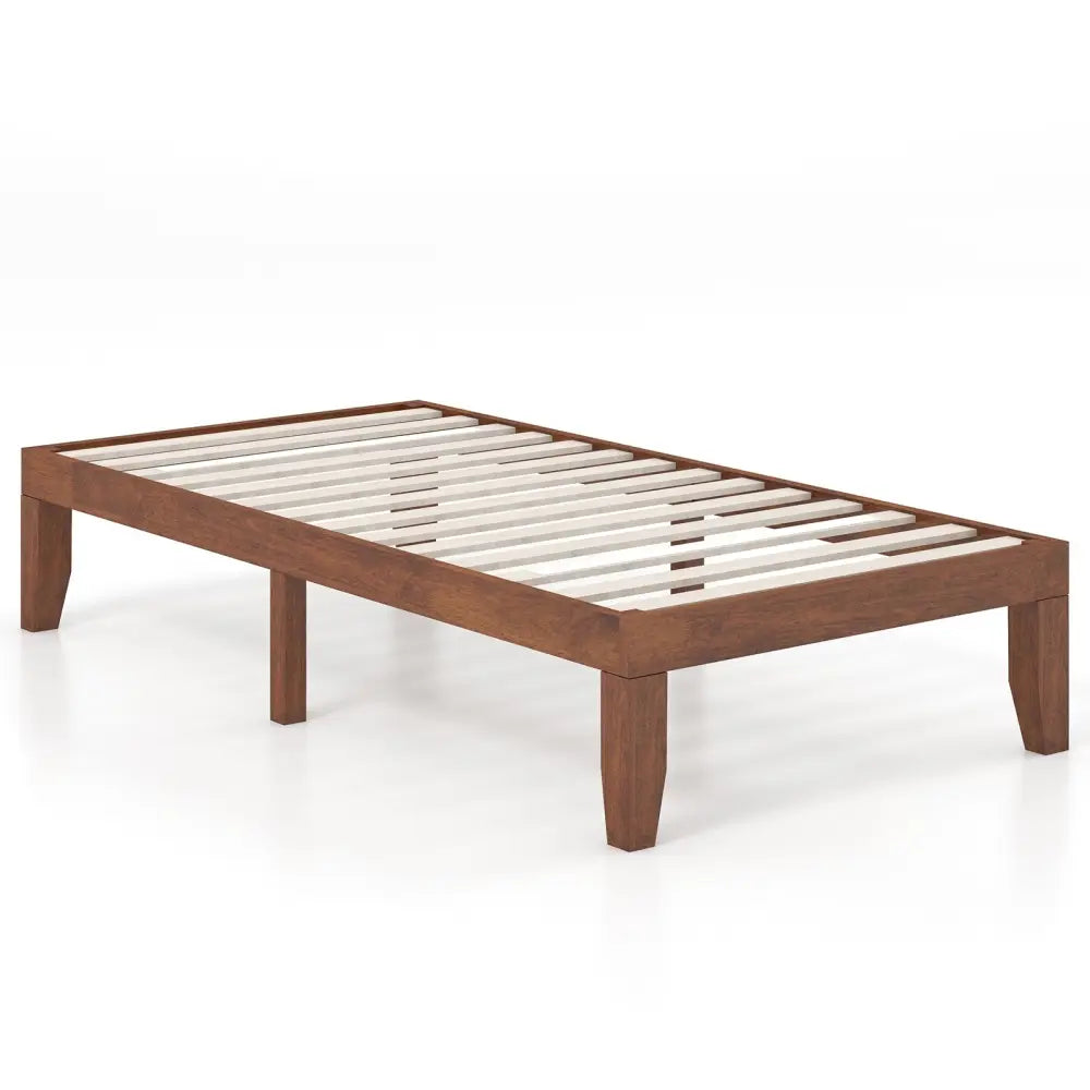 14 Inch Twin Size Rubber Wood Platform Bed Frame with Wood Slat Support-Walnut - Walnut - Simple Bed Frame