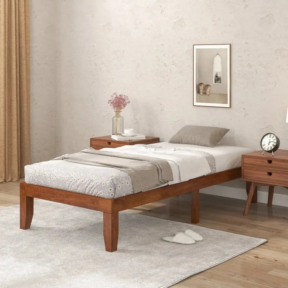 14 Inch Twin Size Rubber Wood Platform Bed Frame with Wood Slat Support-Walnut Costway