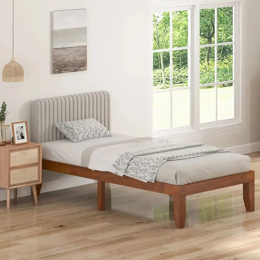 14 Inch Twin Size Rubber Wood Platform Bed Frame with Wood Slat Support-Walnut Costway