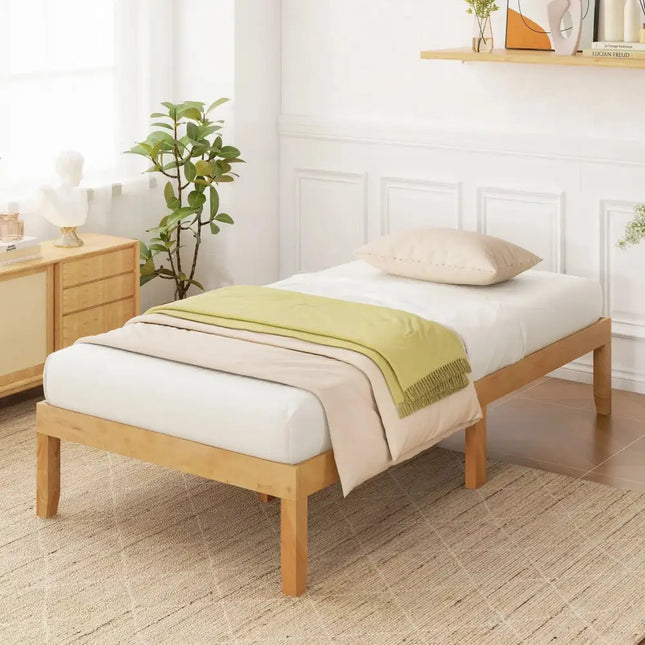 14 Inch Twin Wood Platform Bed Frame with Wooden Slats Support-Natural Costway