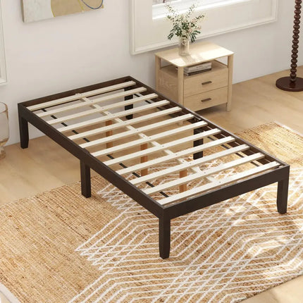 14 Inch Twin Wood Platform Bed Frame with Wooden Slats Support-Espresso Costway