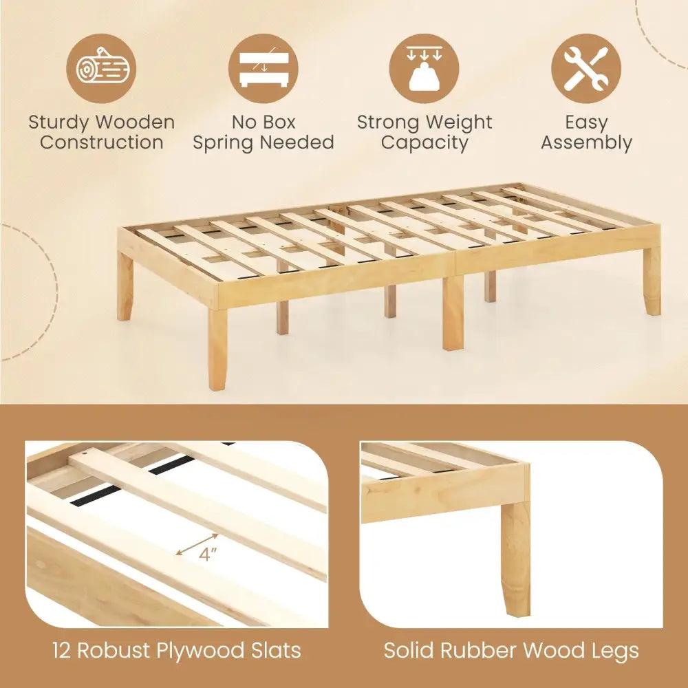 14 Inch Twin Wood Platform Bed Frame with Wooden Slats Support-Natural Costway