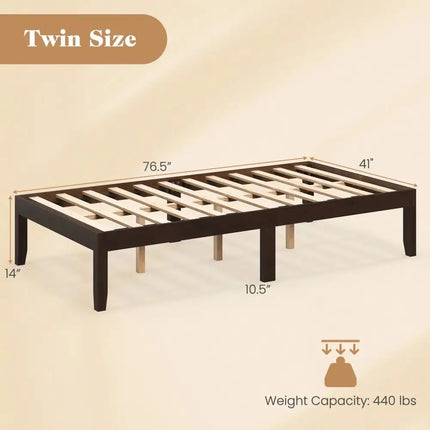 14 Inch Twin Wood Platform Bed Frame with Wooden Slats Support-Espresso Costway