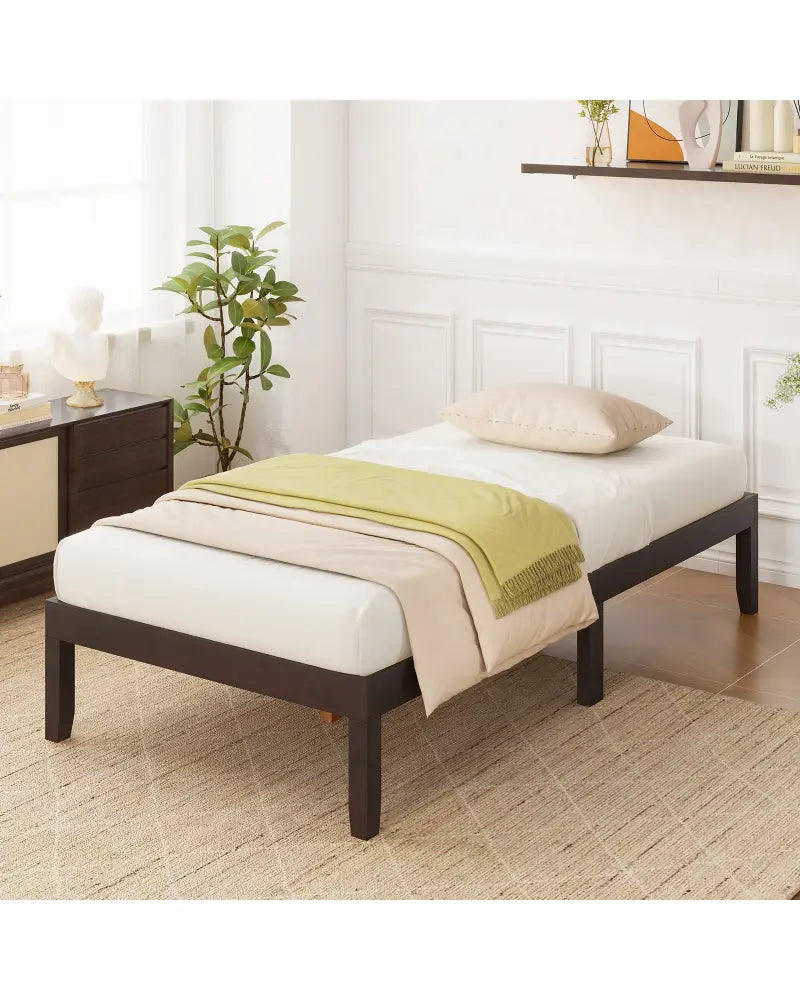 14 Inch Twin Wood Platform Bed Frame with Wooden Slats Support-Espresso - Espresso - Simple Bed Frame