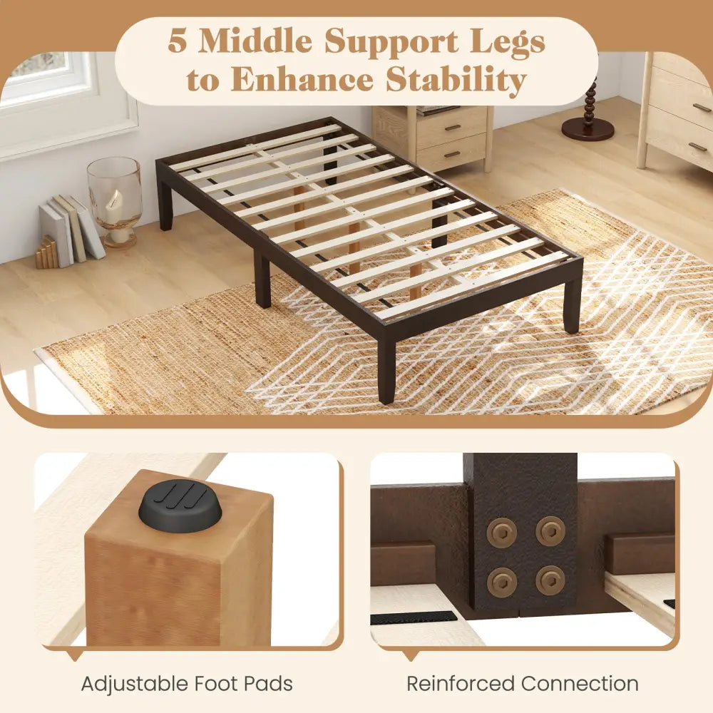 14 Inch Twin Wood Platform Bed Frame with Wooden Slats Support-Espresso - Espresso - Simple Bed Frame