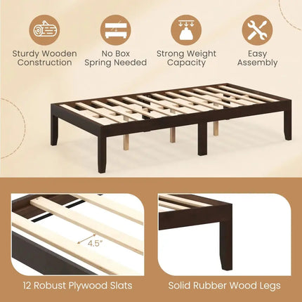 14 Inch Twin Wood Platform Bed Frame with Wooden Slats Support-Espresso Costway