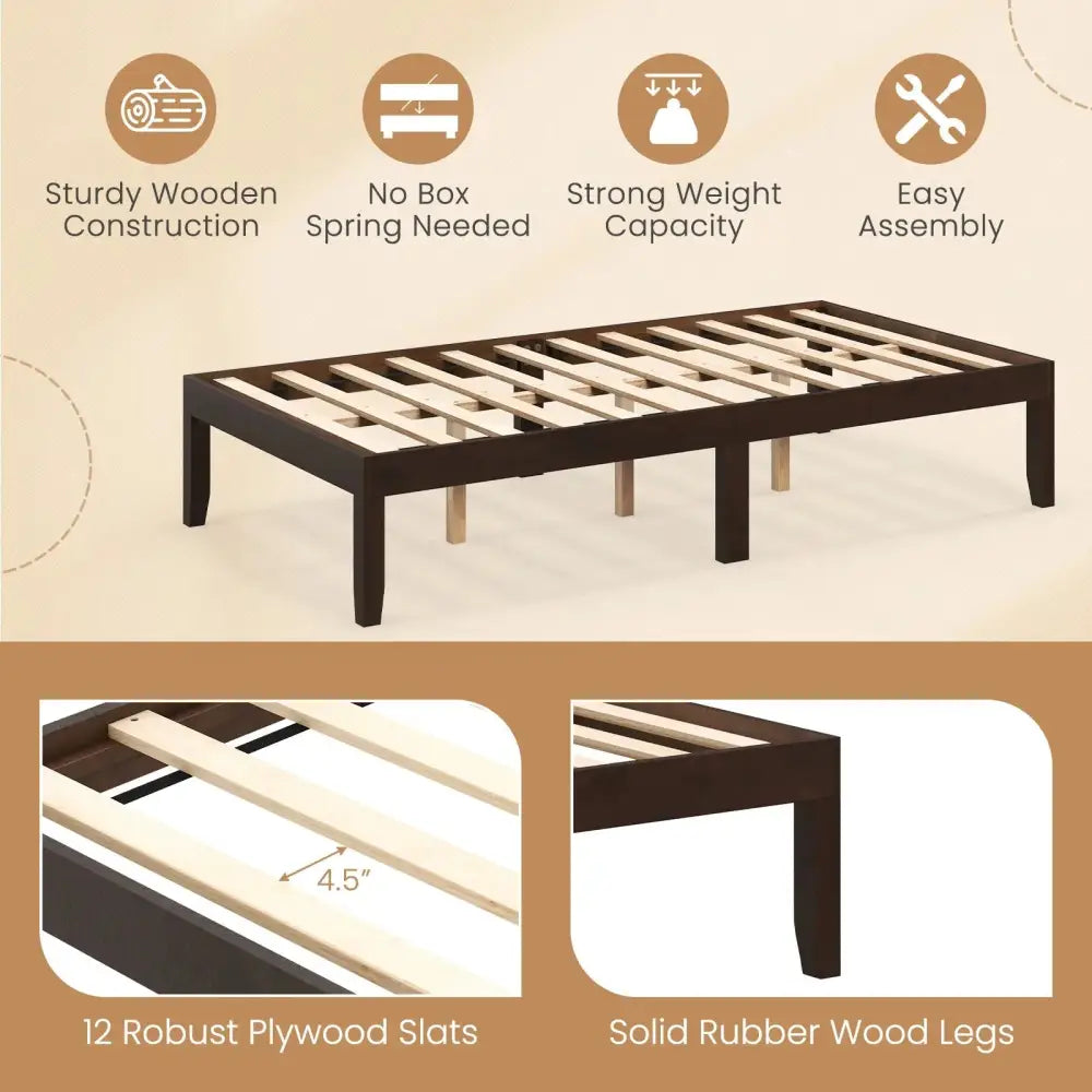 14 Inch Twin Wood Platform Bed Frame with Wooden Slats Support-Espresso Costway
