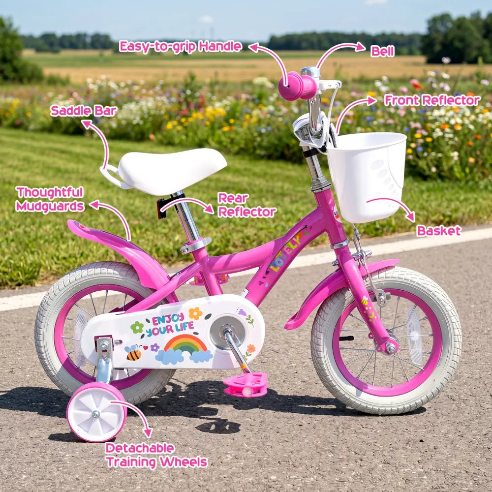 14 Inches Girls Bike for 3-5 Years Old with Basket - Spring Party Pink - Pink - Kids Bike