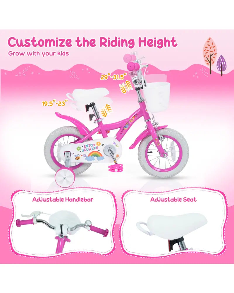 14 Inches Girls Bike for 3-5 Years Old with Basket - Spring Party Pink - Pink - Kids Bike
