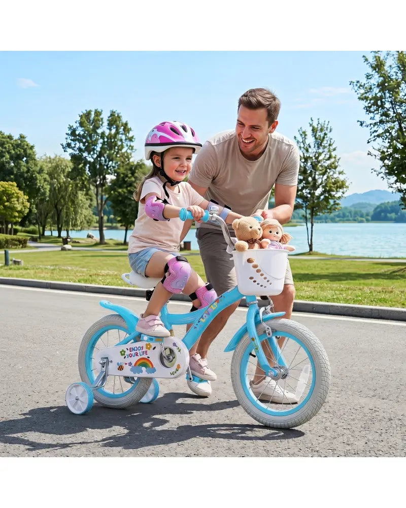 14 Inches Girls Bike for 3-5 Years Old with Training Wheels and Basket - Spring Party Blue - Blue - Kids Bike