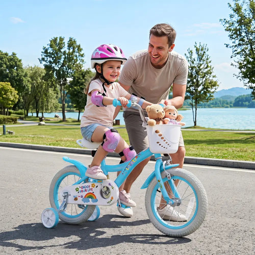 14 Inches Girls Bike for 3-5 Years Old with Training Wheels and Basket - Spring Party Blue - Blue - Kids Bike