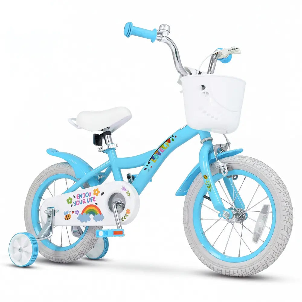 14 Inches Girls Bike for 3-5 Years Old with Training Wheels and Basket - Spring Party Blue - Blue - Kids Bike