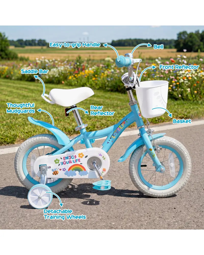14 Inches Girls Bike for 3-5 Years Old with Training Wheels and Basket - Spring Party Blue - Blue - Kids Bike