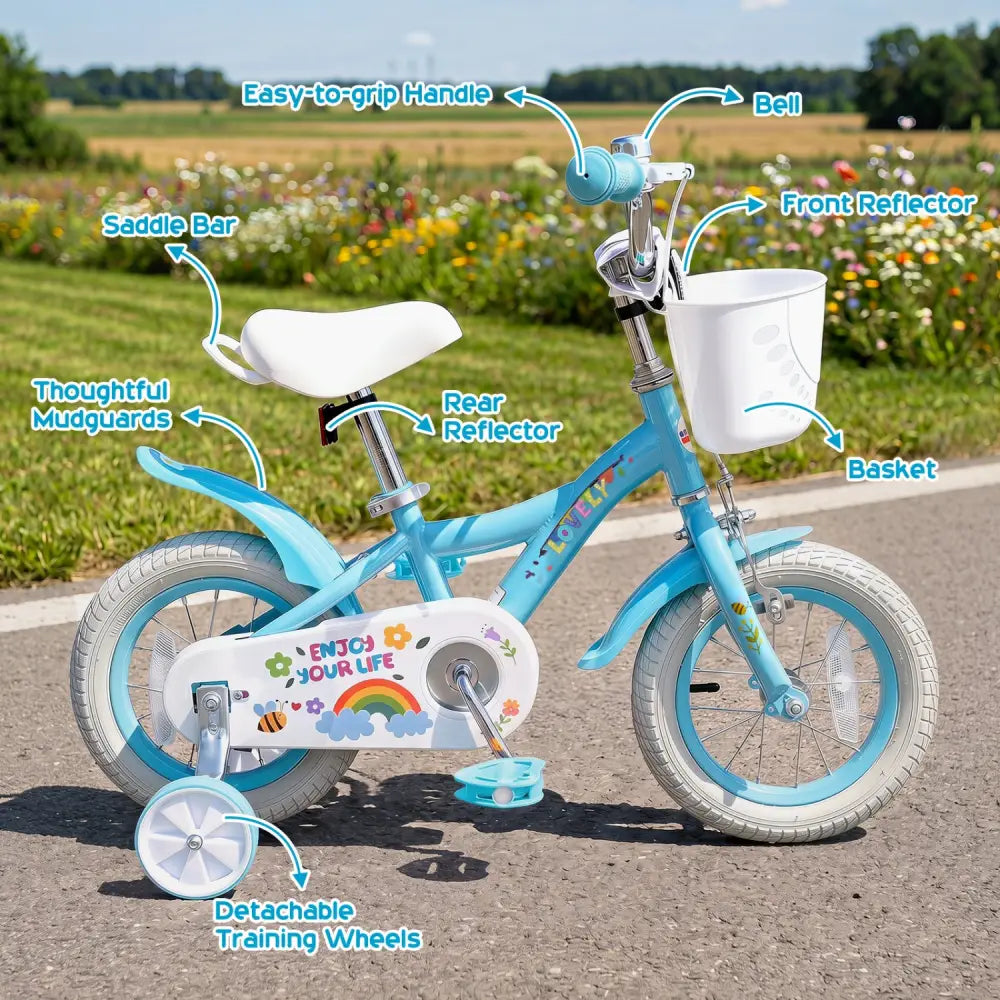 14 Inches Girls Bike for 3-5 Years Old with Training Wheels and Basket - Spring Party Blue - Blue - Kids Bike