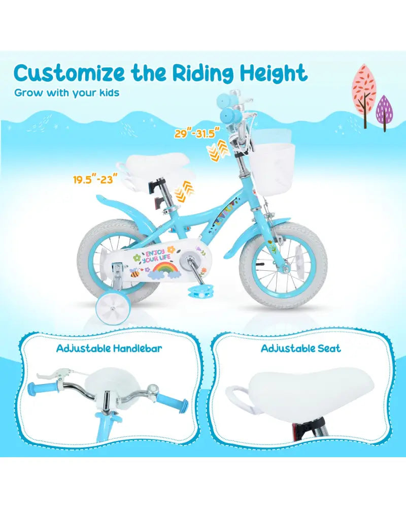 14 Inches Girls Bike for 3-5 Years Old with Training Wheels and Basket - Spring Party Blue - Blue - Kids Bike