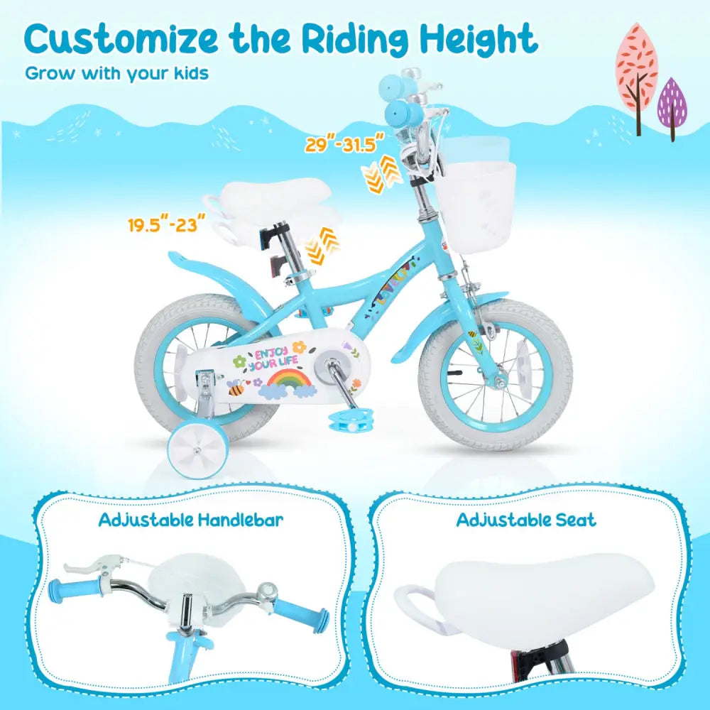 14 Inches Girls Bike for 3-5 Years Old with Training Wheels and Basket - Spring Party Blue - Blue - Kids Bike