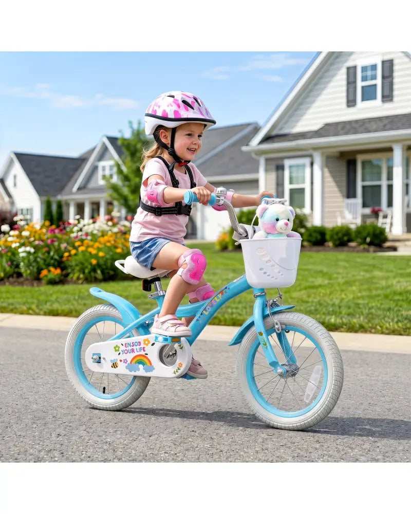 14 Inches Girls Bike for 3-5 Years Old with Training Wheels and Basket - Spring Party Blue - Blue - Kids Bike