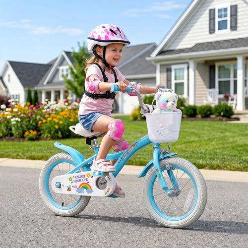 14 Inches Girls Bike for 3-5 Years Old with Training Wheels and Basket - Spring Party Blue - Blue - Kids Bike