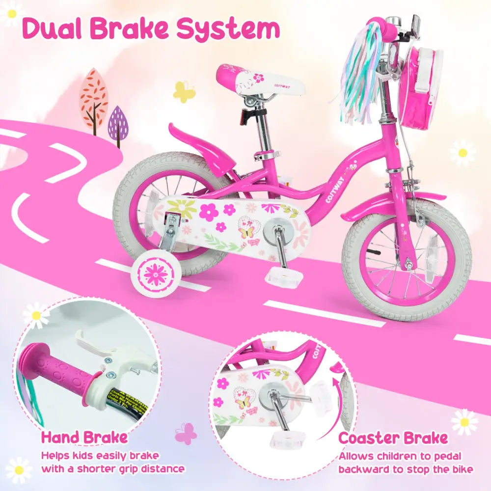 14 Inches Girls Bike with Front Bag and Streamers for 3-5 Years Pink - Pink - Kids Bike