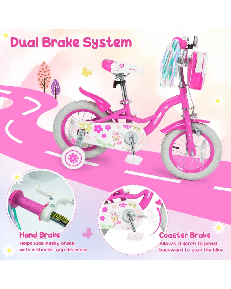 14 Inches Girls Bike with Front Bag and Streamers for 3-5 Years Pink - Pink - Kids Bike
