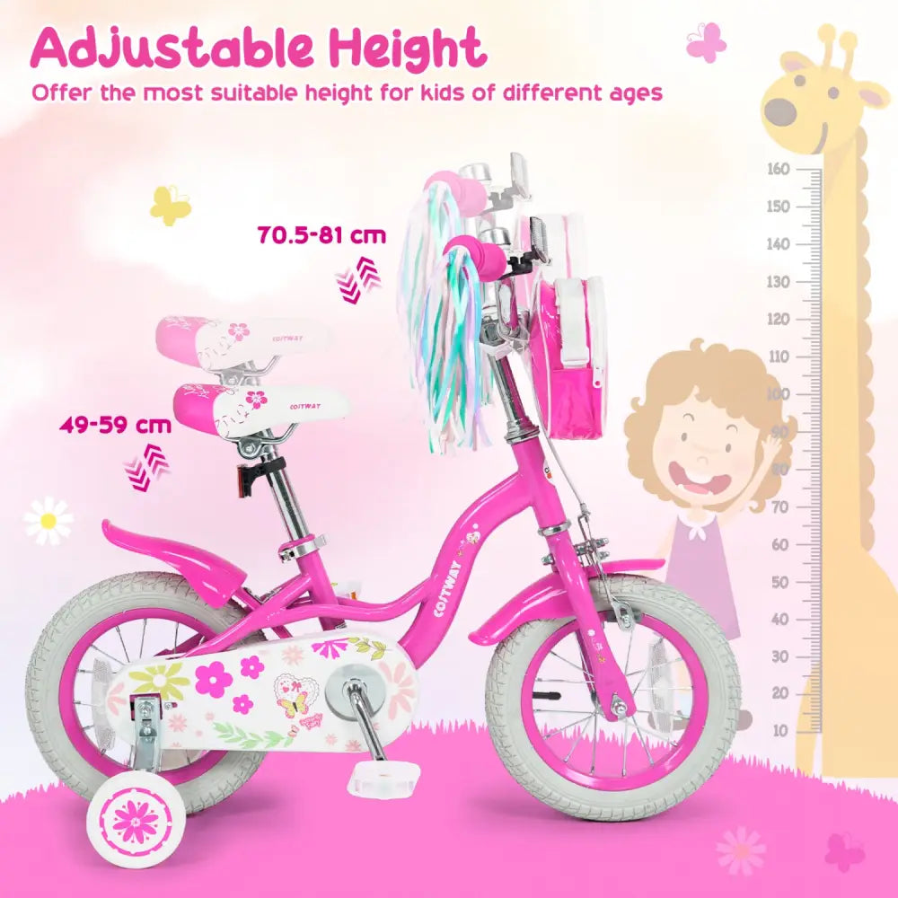 14 Inches Girls Bike with Front Bag and Streamers for 3-5 Years Pink - Pink - Kids Bike
