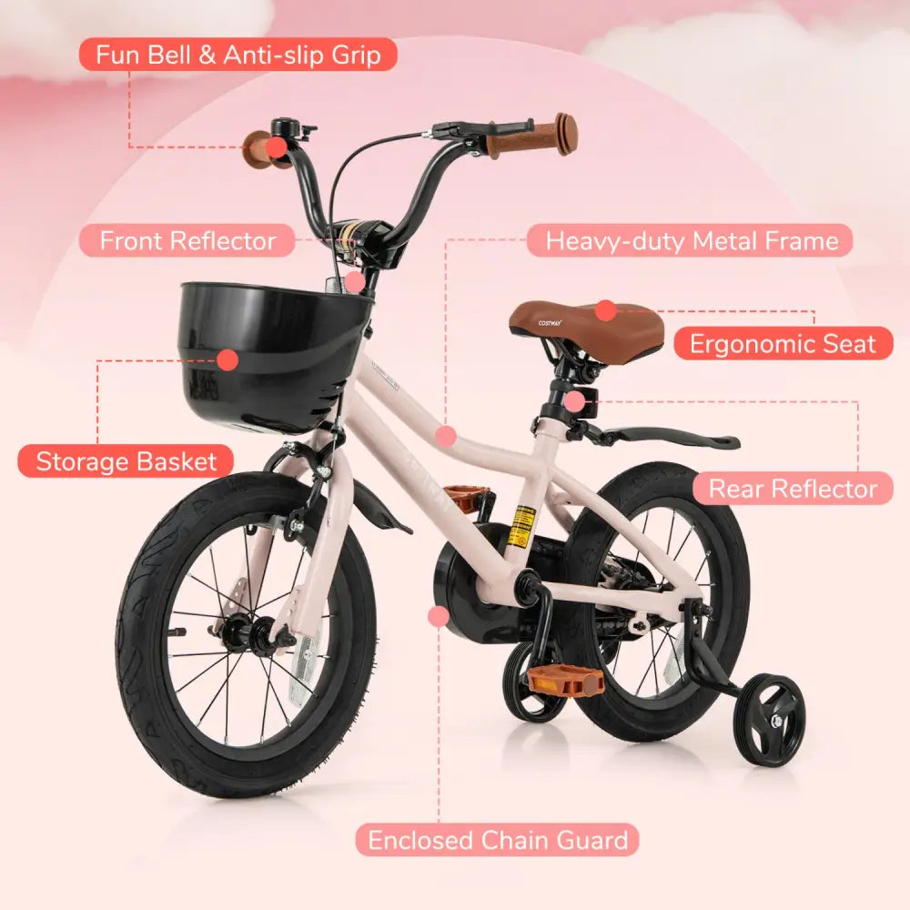 14 Inches Kids Bike with Basket and Adjustable Handlebar for 3-5 Years Old - Pink - Kids Bike