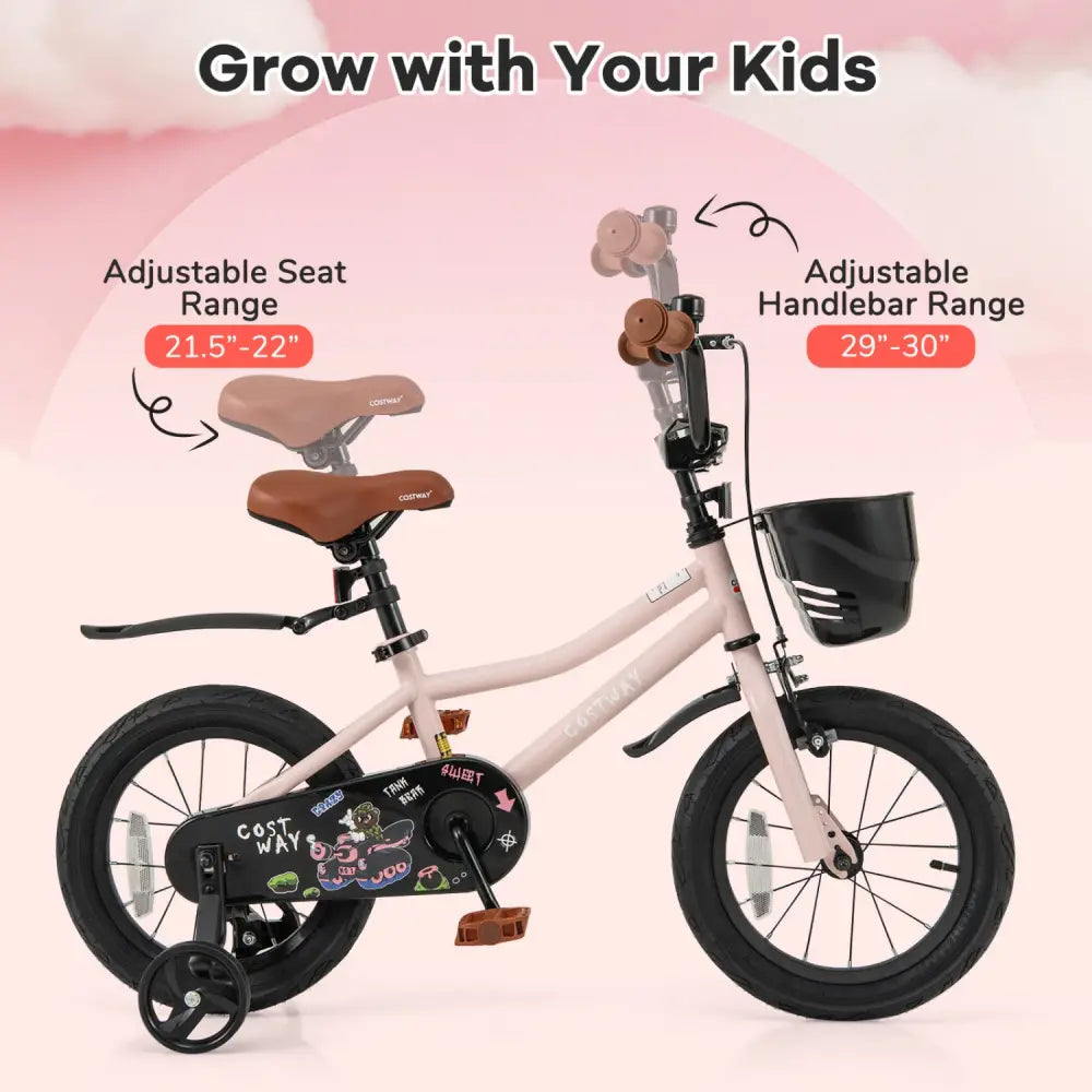 14 Inches Kids Bike with Basket and Adjustable Handlebar for 3-5 Years Old - Pink - Kids Bike