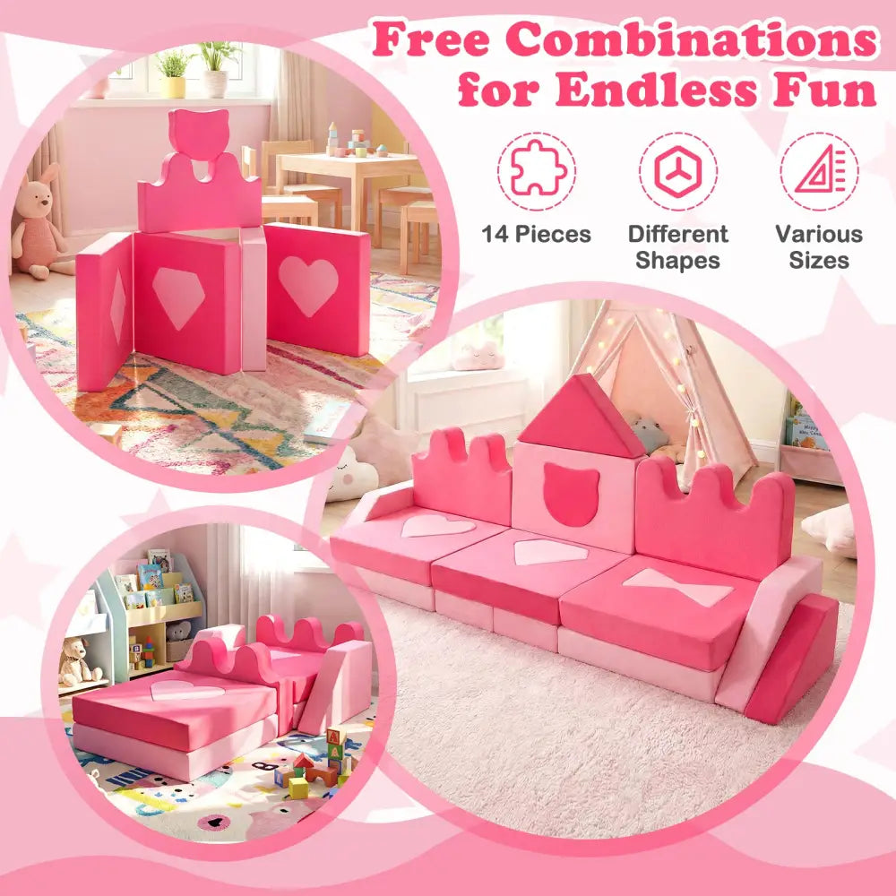 14 Piece Kids Play Couch Modular Foam Climbing Blocks for Kids 3+ Years Old-Pink - Pink - Kids Chairs & Seating