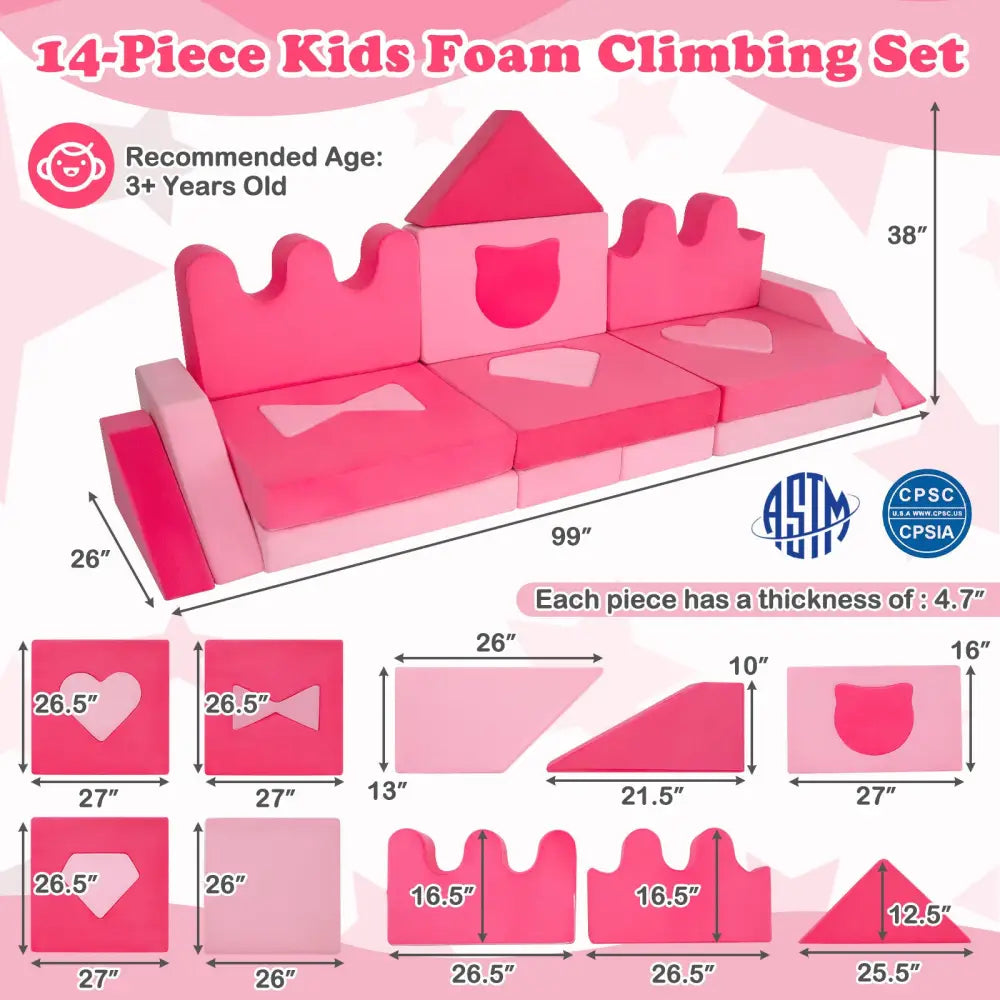 14 Piece Kids Play Couch Modular Foam Climbing Blocks for Kids 3+ Years Old-Pink - Pink - Kids Chairs & Seating