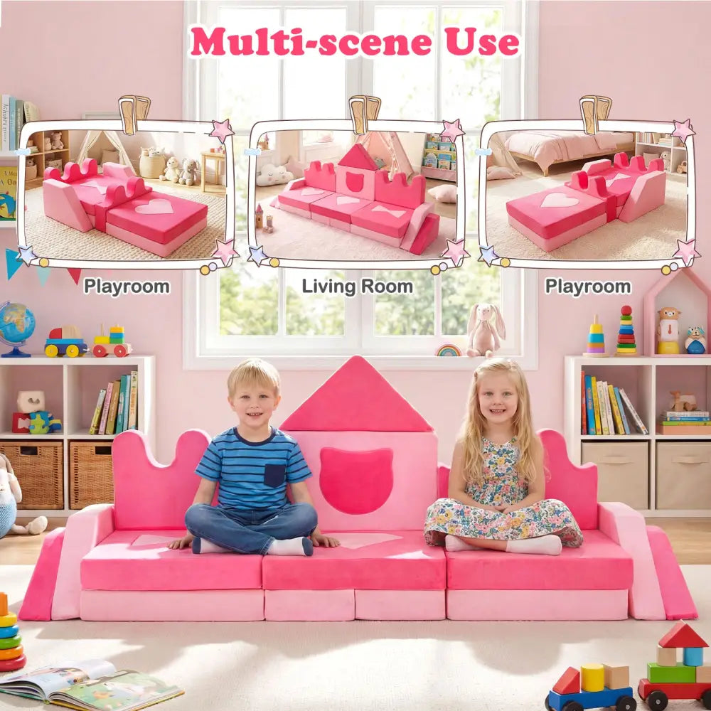 14 Piece Kids Play Couch Modular Foam Climbing Blocks for Kids 3+ Years Old-Pink - Pink - Kids Chairs & Seating