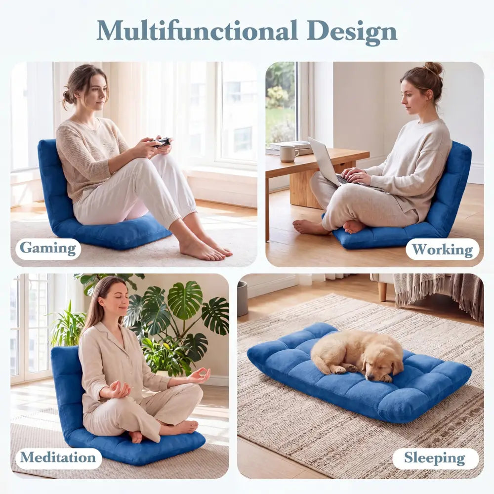 14-Position Adjustable Cushioned Floor Chair-Blue - Blue - Floor Chairs
