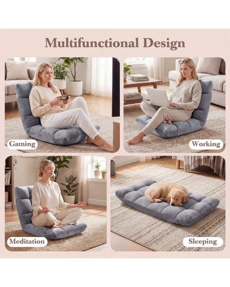 14-Position Adjustable Cushioned Floor Chair-Light Gray - Light Gray - Floor Chairs