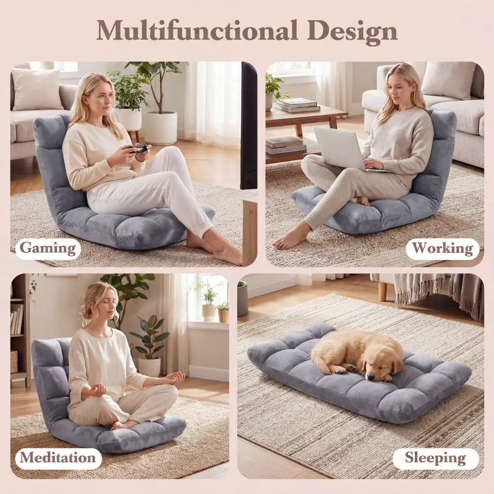14-Position Adjustable Cushioned Floor Chair-Light Gray - Light Gray - Floor Chairs