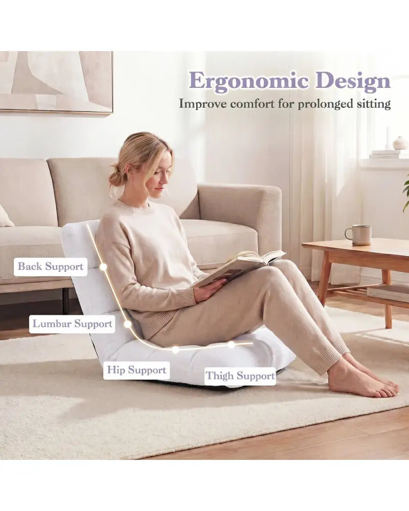 14-Position Adjustable Cushioned Floor Chair-White - White - Floor Chairs