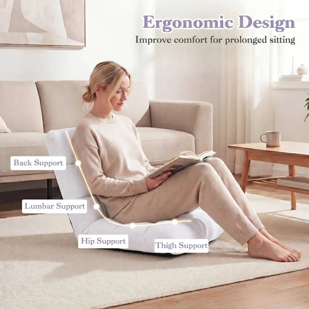 14-Position Adjustable Cushioned Floor Chair-White - White - Floor Chairs