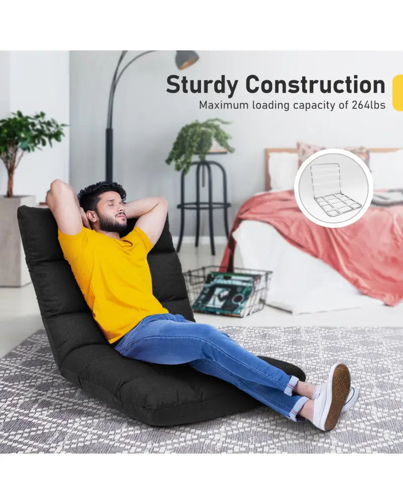 14-Position Adjustable Folding Lazy Gaming Sofa-Black - Black - Floor Chairs